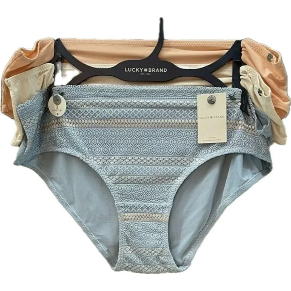 Lucky Brand L Blue- Coral-Cream Logo Tag Moisture Wicking Hipster Panties-3 Pk - Picture 2 of 4